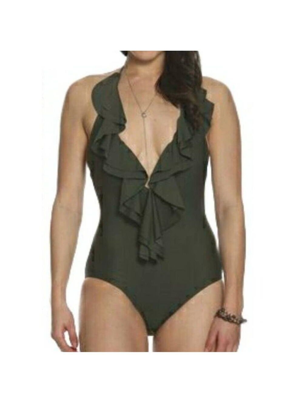 Sun & Sea Olive Green Halter Deep V Ruffleโ Swimsuit Size 4 NWT